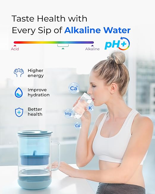 Waterdrop PT-09B-A 10-Cup Large Glass Alkaline Water Filter Pitcher, Eco-Friendly, Enhances Alkaline Water, for Home & Office, Reduces PFOA/PFOS, Chlorine, Cadmium, Copper & Mercury, Blue