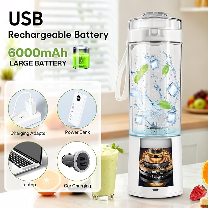 MIAOKE 2026 Upgrade 700 ML Portable Smoothie Blender, Rechargeable Personal Blende, Contains both Automatic and Pulse Functions, with Travel Cup and Lid, 6 Sharp Blades, Mixer Blender Machine Kitchen