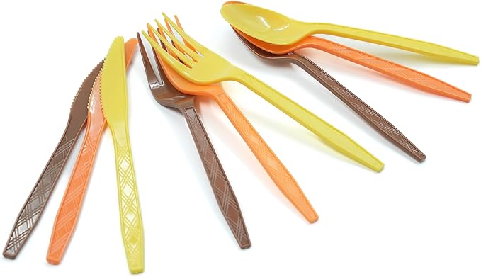 360-Piece Thanksgiving Plastic Tableware Set, Disposable Heavy Tableware Set, Including 120 Pieces Of Orange, Yellow and Brown Knives and Forks, Thanksgiving Party Supplies