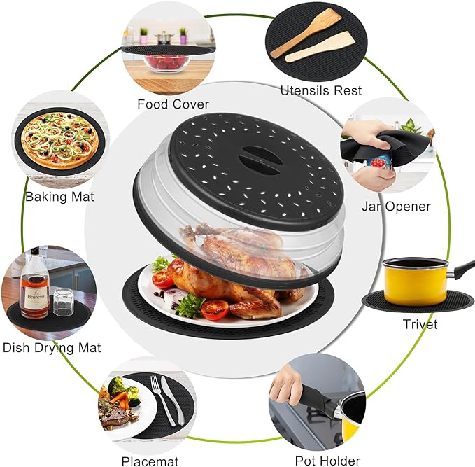 12" Microwave food Cover & Mat,Large Vented Collapsible Splatter Guard dish Plate lid & Silicone Round Kitchen mat