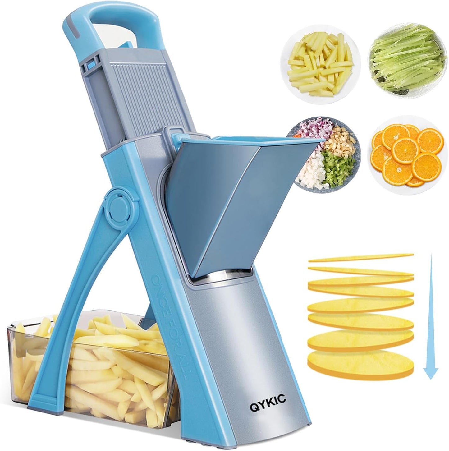 Upgrade Safe Mandoline Slicer for Kitchen, Vegetable Chopper and Slicer, Potato Slicer Thickness Adjuster, French Fry Cutter, Veggie Onion Dicer Faster Kitchen Mandolin for Meal Prep (Blue)