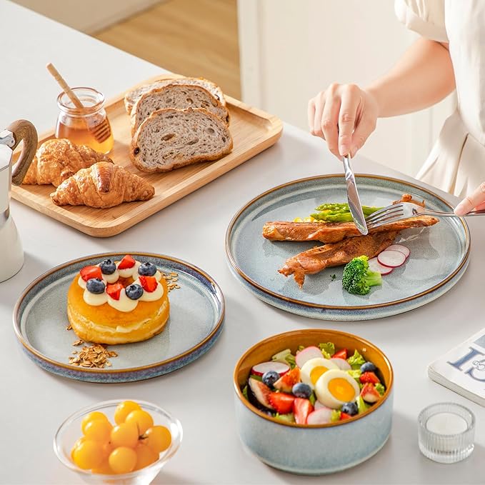 vancasso ONION Ceramic Plates and Bowls Sets, 24 Pieces Light Blue Dinnerware Sets for Kitchen, Reactive Glaze Dishes Set for 8, Dishwasher and Microwave Safe
