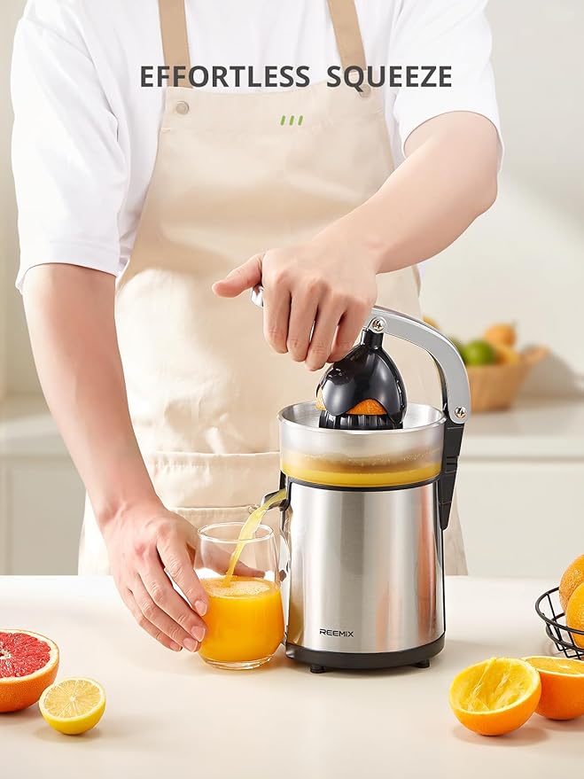 Electric Citrus Juicer Squeezer, Orange Juicer with Two Interchangeable Cones, Suitable for orange, lemon and Grapefruit, Brushed Stainless Steel, Easy to Clean and Use (Stainless Steel)
