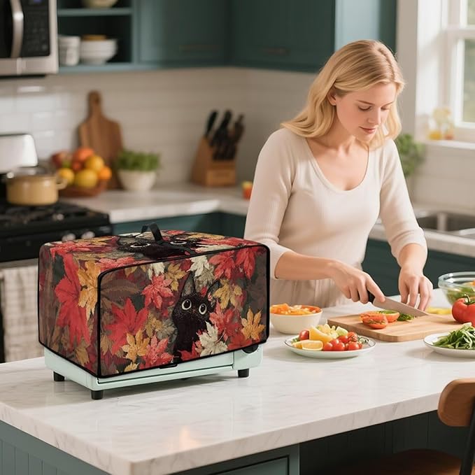 Air Fryer Toaster Oven Dust Cover Dust Protection Countertop Convection Oven Cover Stain-resistant Kitchen Appliance Protector, M, Black Cat Maple Leaf Fall Decor