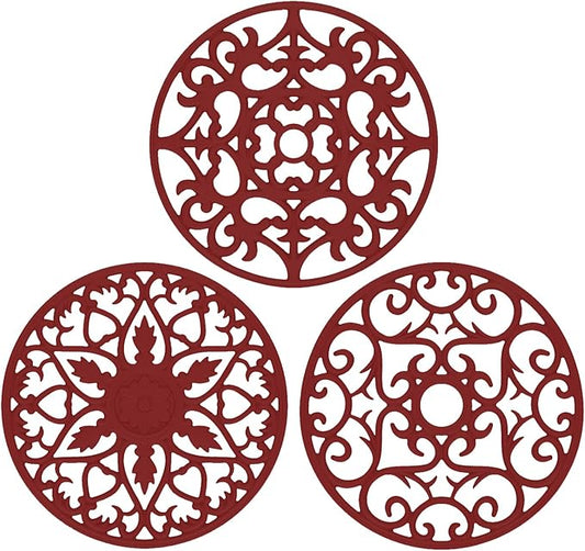 ME.FAN Trivets for Dishes/Pots/Pans, 3 Pcs Silicone Mats, Flexible/Durable/Non Slip Hot Pads to Protect Table and Counter Top (Wine Red)