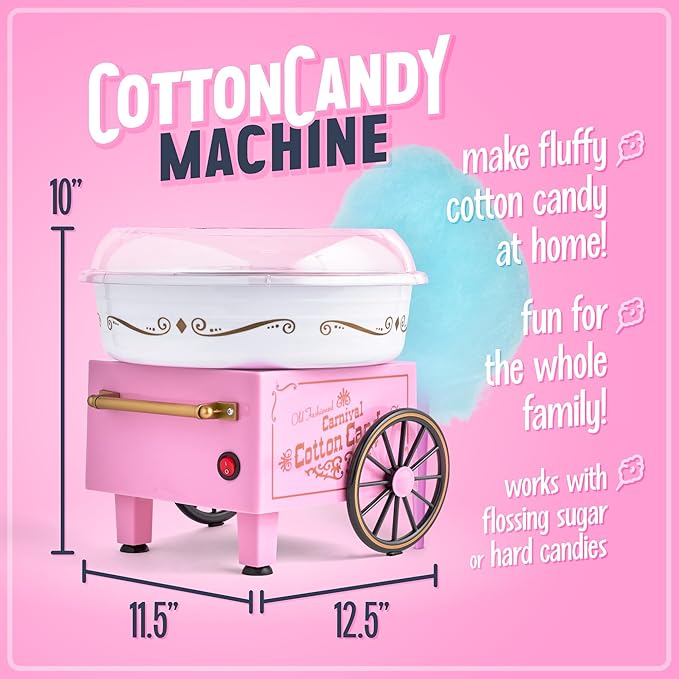 Nostalgia Vintage Hard and Sugar Free Candy Countertop Cotton Candy Maker, Includes 2 Reusable Cones And Sugar Scoop – Pink
