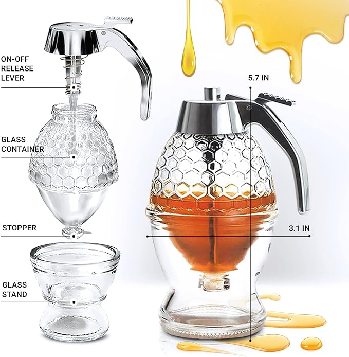 CLEVLI Glass Honey Dispenser – No Drips, No Trails Honey Container 8 Oz with Stand – Easy to Clean Honey Pot – Honey Jar with Dipper – Maple Syrup Dispenser – Syrup Holder with Honeycomb Design