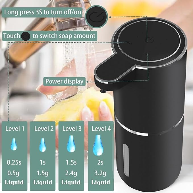 Automatic Liquid Soap Dispenser,Touchless Hand Soap Dispenser USB Rechargeabled Dispenser Electric,Wall Mounted 4 Levels Adjustable Dispenser Pump for Bathroom Kitchen Dish Soap Black