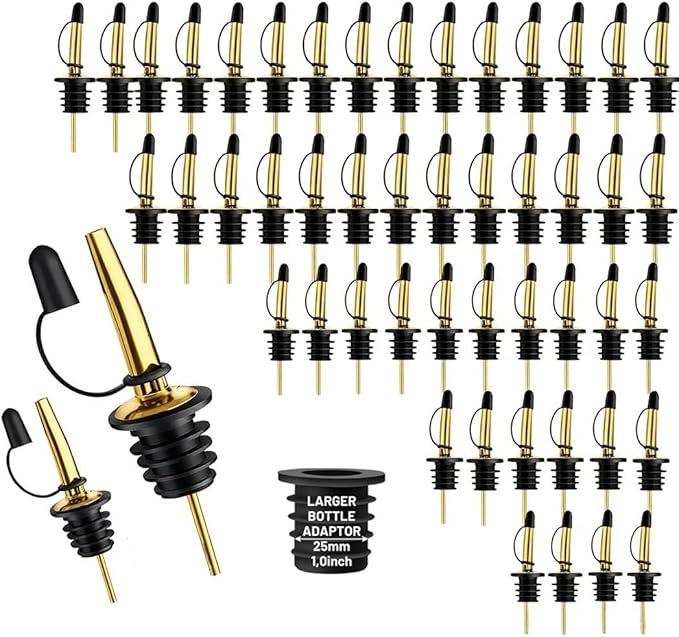 48-Pack Liquor Bottle Pourers with Adapters, Liquor Pour Spout Adapters set for for Large Olive Oil Bottles and Liquor Bottles - Up to 1 Inch/25mm Neck Converts Any Spout into a Large Pour Spout,Gold