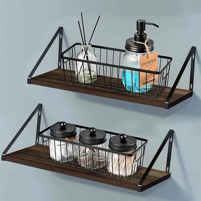 SheeChung Farmhouse Metal Wire Bin Basket with Wall Mount - Small, 4 Pack - Portable Hanging Wall Basket, Rustic Home Storage Organizer for Cabinets, Pantry, Closets, Bathroom, Kitchen,Bedroom(Black)