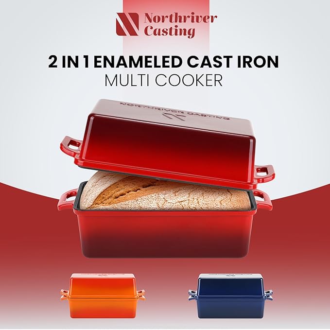 Northriver Casting 9x5 Inch Enameled Cast Iron Bread Loaf Pan with Lid, Perfect Sourdough Baking Pans | Even Heat Distribution for Homemade Bread, Cake, Meatloaf，2 Piece set，Red
