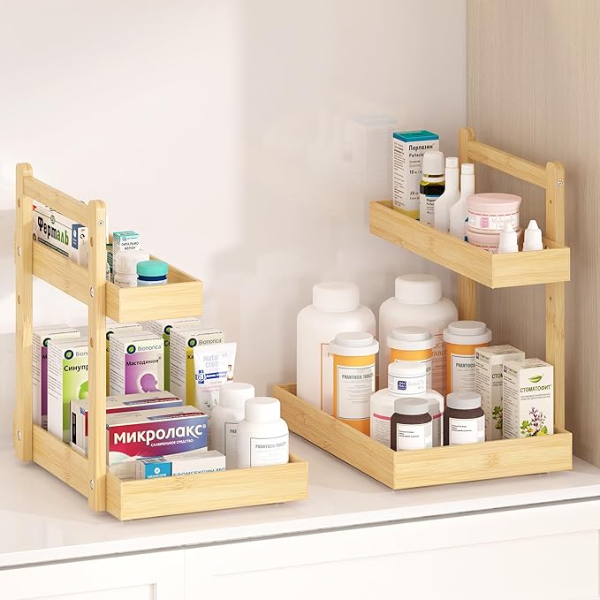 Under Sink Organizer - 2-Tier Pull Out Cabinet Organizer Vertical Slide Out Sink Shelf Storage Shelves for Multi-Purpose Bath Kitchen Bathroom Medicine (Nature, 2 Packs)