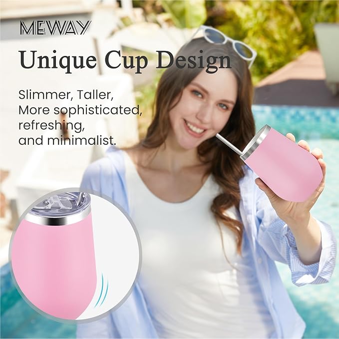 MEWAY Stemless 12oz Insulated Wine Tumbler with Lid and Straw - Double Wall Stainless Steel Thermal Cup for Hot and Cold Drinks, Bridal Shower Prizes for winners(Pink,Set of 8)