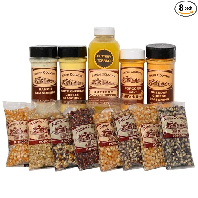 Amish Country Popcorn | 8-4 oz Bags | Air Pop Variety Sampler | Popcorn Kernels and Variety Topping Bundle | Old Fashioned, Non-GMO and Gluten Free