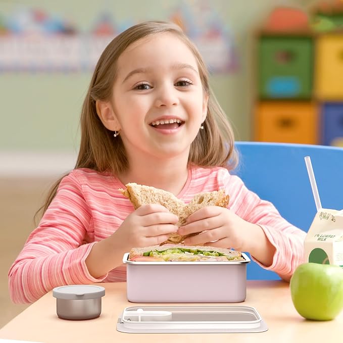 Bakpoco Stainless Steel Bento Lunch Box for Kids, 33oz Leak-Proof Lunch Box Containers, Microwave-Safe, with Adjustable Divider, Convenient Metal Lunchbox for School, Travel