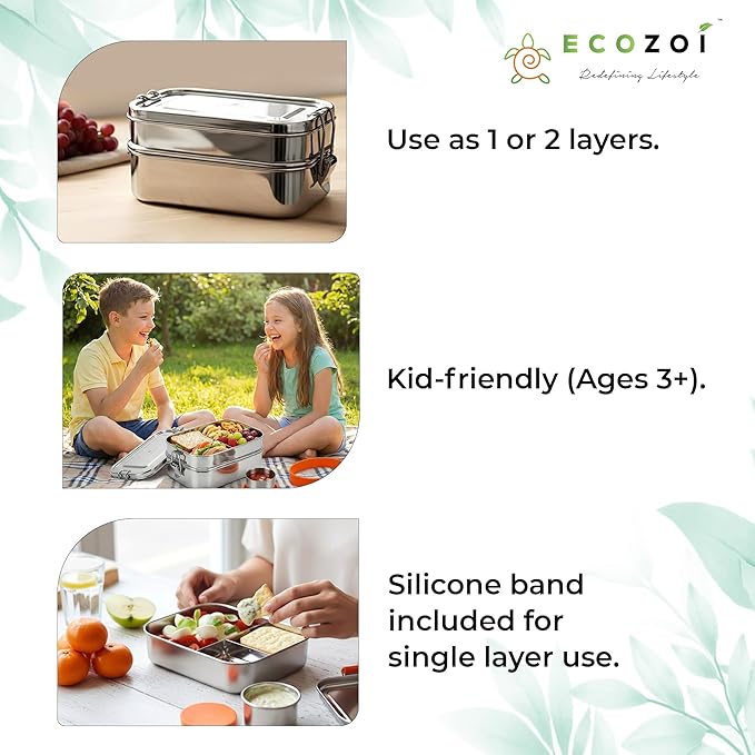 ecozoi Stainless Steel Lunch Box – 2 Tier Bento Box with Bonus Pod & 3 Compartments – Leak Proof Stainless Steel Lunch Box – Plastic Free, Eco Friendly, Dishwasher Safe, 60 oz