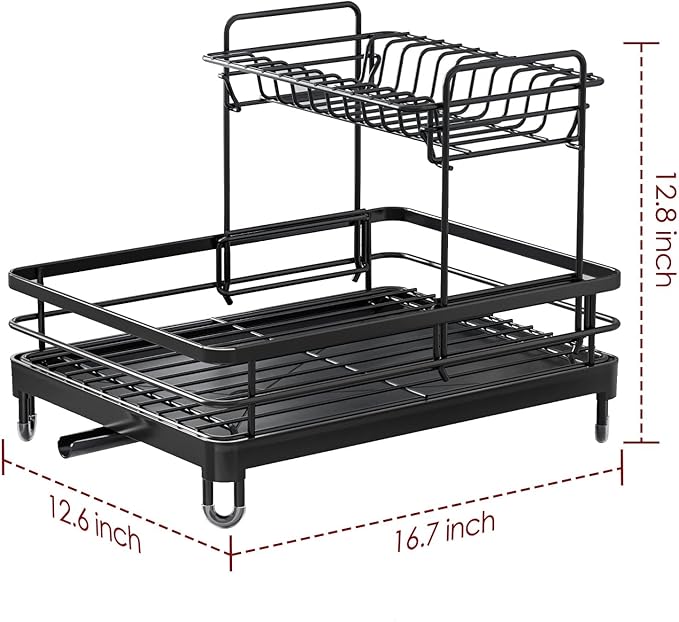 Sakugi Dish Drying Rack - X-Large Stainless Steel Dish Rack for Kitchen Counter, 2-Tier Kitchen Organizers and Storage for Dishes, Bowls, Cutlery, Black