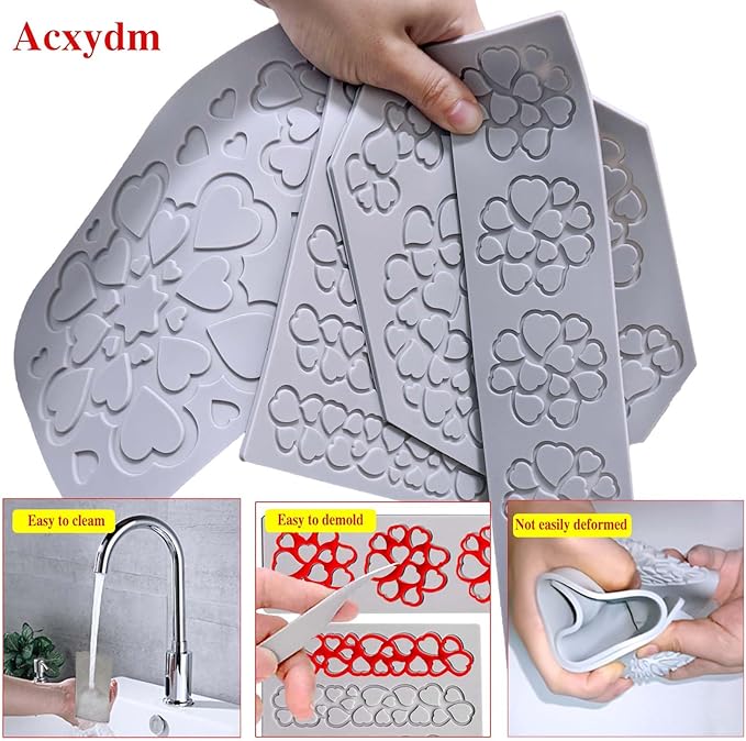 4PCS Heart Silicone Mold,Acxydm Heart Chocolate Molds Hearts Tuile Molds,Fondant Chocolate Molds Set with Love,3D Love Silicone Mold Candy Lace Silica Molds for Making Sugar Craft,Cupcakes