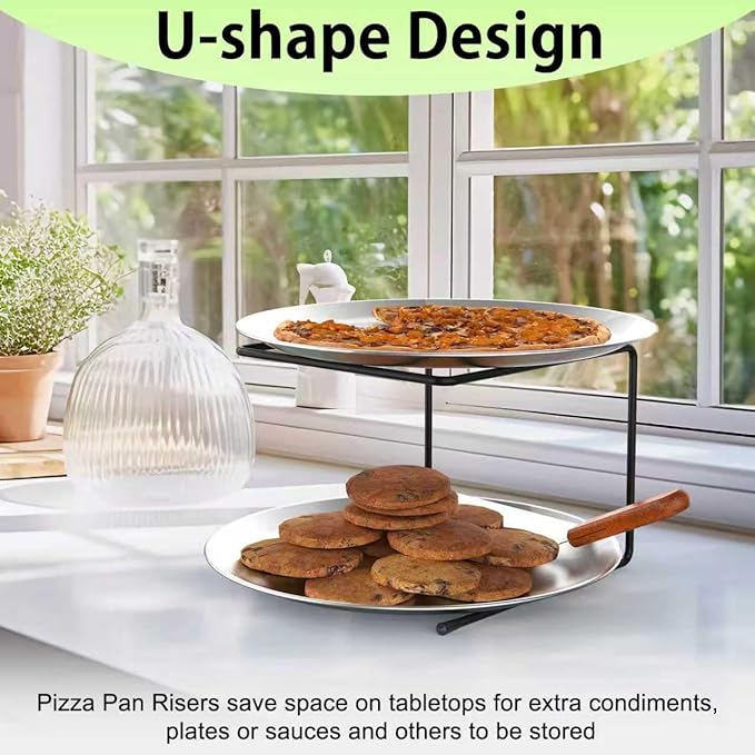4 PCS Pizza Stand Holder, Black Metal Pizza Pan Display Stands for Buffet Restaurant Home, 4 Pizza Pan and 2 Wood Handle Pie Server