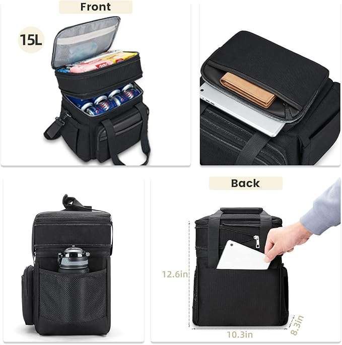 holuxer Insulated Lunch Bag & Lunch Box for Men - Double Deck Reusable Lunch Bag for Women Tote Cooler Bag Leakproof Soft Expandable - Large Lunchbox for Work/Adult/Picnic/Outdoor (Black，15L)