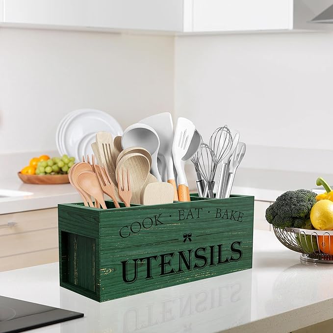 Suli Extra Large Kitchen Utensils Holder with 4 Compartments, Wooden Utensil Organizer for Kitchen Countertop, Farmhouse Decor, Rustic Cooking Utensil - Green grain