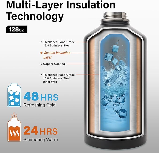 DYSANKY 1 Gallon Water Bottle Insulated | Thickened Stainless Steel Vacuum Metal Water Jug | Portable Sports Large for Gym and Hiking with Straw, Carrier Bag, Handle Strap | BPA-Free 128 oz