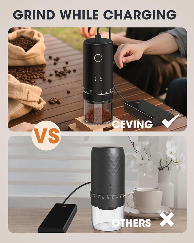 CEVING First Grind-While-Charging Rechargeable Coffee Grinder, 1.7X Faster Grinding with 38 External Adjustable Settings, Conical Ceramic Burrs & 2000mAh Battery, Portable for Travel, Camping, etc.
