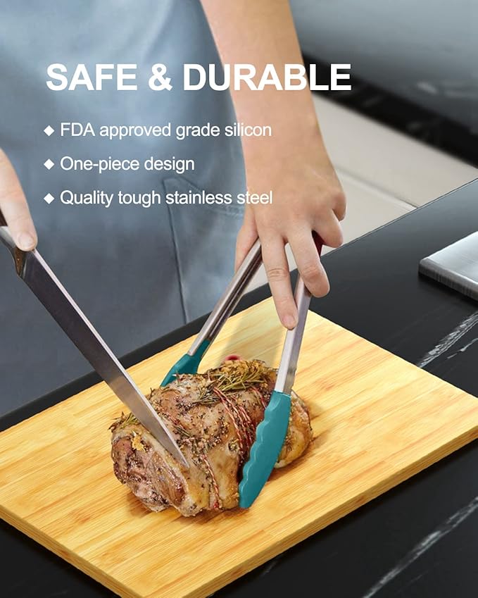 600ºF Heat Resistant Kitchen Tongs, Premium Locking Cooking Tongs with Silicone Tips, Non-Slip Food Tongs for Cooking, Non-Stick, Heavy Duty Stainless Steel Handle, Set of 3-7" 9" and 12" Aqua Sky