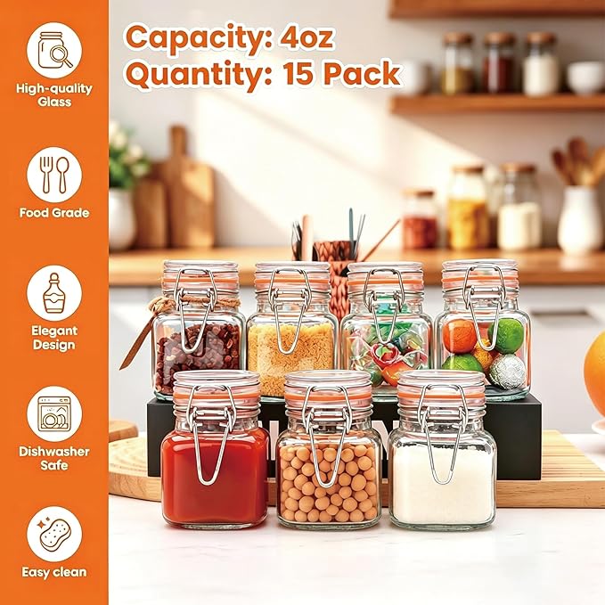 Flrolove 4oz Small Spice Jars with Lids, 15 Pack Airtight Glass Jars, Small Spice Containers Includes Labels & Rubber Gaskets for Kitchen, Jam, Herbs, Crafts, Wedding