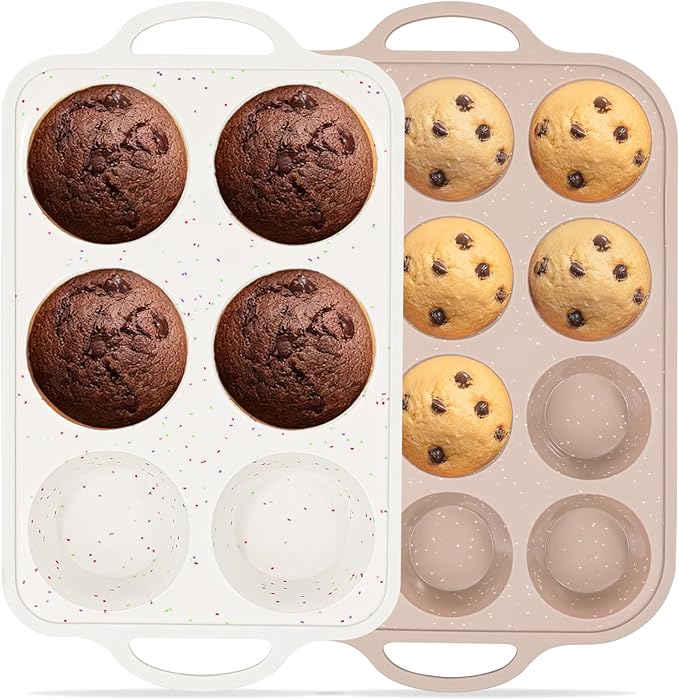 Vinino 2Packs Silicone Muffin Pans for Baking with Metal Reinforced Frame, 12 Cups Regular and 6 Cups Jumbo Nonstick Cupcake Pan, BPA Free Oven Dishwasher Safe Baking Mold for Muffins Cupcakes