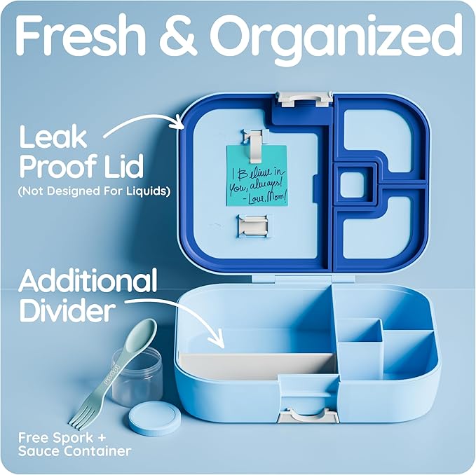 YOOPI Lunch Boxes for Kids–Toddler Bento Box with 4 Leakproof Compartment Food Bentobox Container,Lunch Box for School with Lunchbox Containers, Lightweight Sandwich Box & Snack Box (Light Blue)