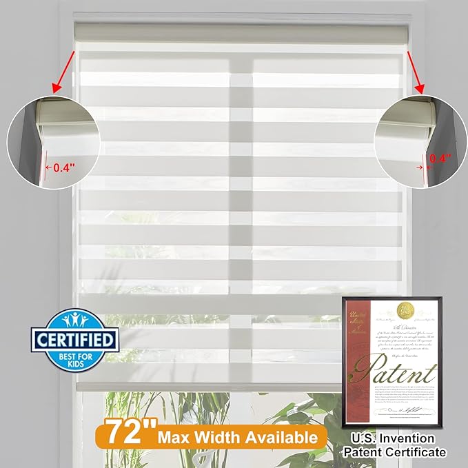 Persilux Cordless Zebra Blinds for Windows Free-Stop Roller Windows Shades (35" W X 64" H, Cream) Dual Layer Light Control for Day and Night, Light Filtering Sheer Shades for Home, Easy to Install