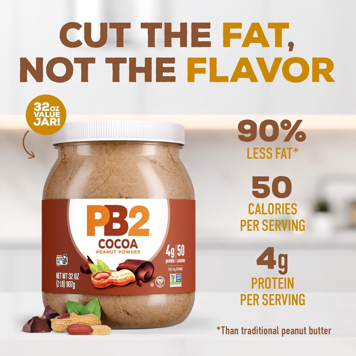 PB2 Powdered Chocolate Peanut Butter with Cocoa | 2lb Jar | 4g of Protein, 90% Less Fat, Certified Gluten Free, Only 50 Calories per Serving for Shakes, Smoothies, Low-Carb, Keto Diets