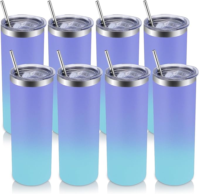 Volhoply 8 Pack Skinny Tumblers with Lid and Straw, 20oz Stainless Steel Straight Tumbler Bulk, Vacuum Insulated Coffee Mug for Home, Office, Travel, DIY (Purple Bule,8 Pack)