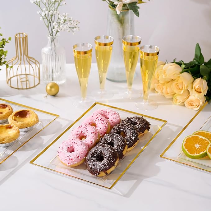 FOCUSLINE 8 PCS Plastic Serving Trays for Party, Clear and Gold Rim Serving Platters and Trays, Premium Plastic Fruit Tray, Disposable Platters for Cupcake, Dessert, Appetizers