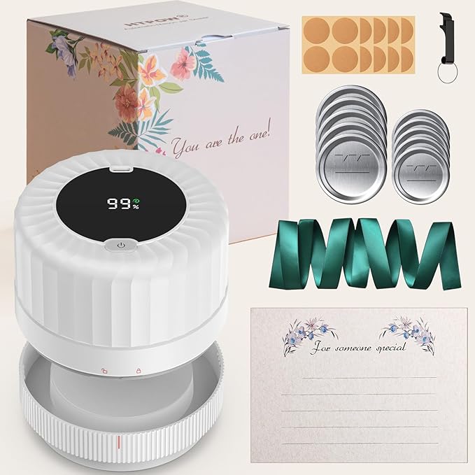 Gift Boxed - Fully Automatic Mason Jar Vacuum Sealer Kit, Auto Stop Mason Jar Vacuum Sealer, A Must-Have Jar Sealer for Canned Foods Pantry Canning Pickling, Gift for Mom or Dad, Gift for Grandparents