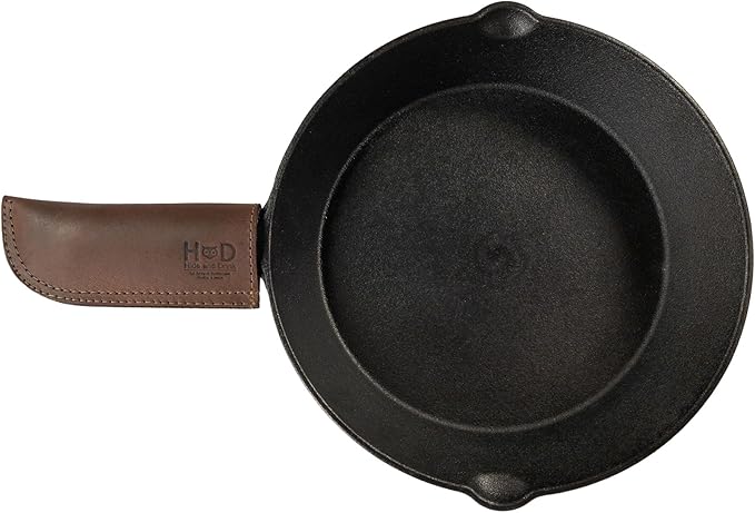 Hide & Drink, Rustic Hot Handle Holder, Fits 4-in-Long Skillet Pan Handles, Cast Iron Panhandle Potholder, Double Layered & Stitched, Handmade from Full Grain Leather, Bourbon Brown