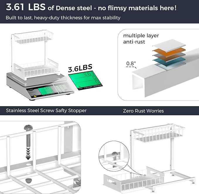 L-Shaped Under Sink Organizer, 2 Pack 2-Tier Pull Out Metal Kitchen Cabinet Organizer with Sliding Storage Drawer, Height Adjustable Heavy Duty Under Bathroom Sink Storage for Cleaning Supplies