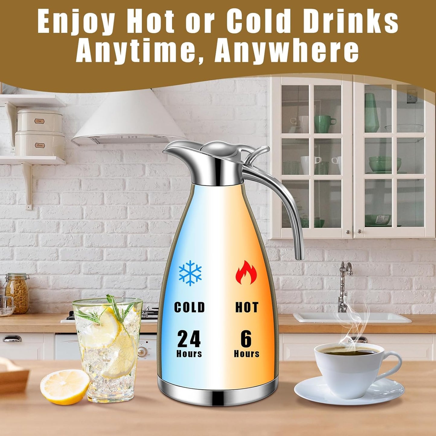 Uiifan 2 Pcs 68 oz Thermal Coffee Carafe Insulated Stainless Steel Coffee Carafe for Hot Liquids Vacuum Thermal Pot Creamer Dispenser with Brushes Keeping Hot Tea Milk Water(Champaign Gold)