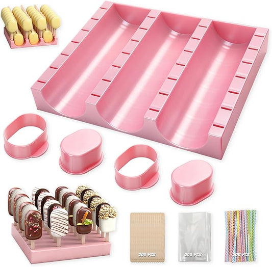 1 Set Cutter, Cake Pop Mold, Cake Pop Cutter and Pusher Press Set with Tray and 3 Types of Packaging Accessories, Baking Tools for Home, Birthday, Parties, Wedding Desserts(2 Pcs,Cakesicle)