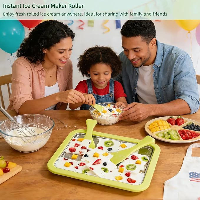 Rolled Ice Cream Maker, No Electricity DIY Homemade Rolled Ice Cream Kit, 304 Stainless Steel Instant Frozen Ice Cream Roller for Kids or Adults, Perfect for Family Nights, Parties, Playdates (Green)