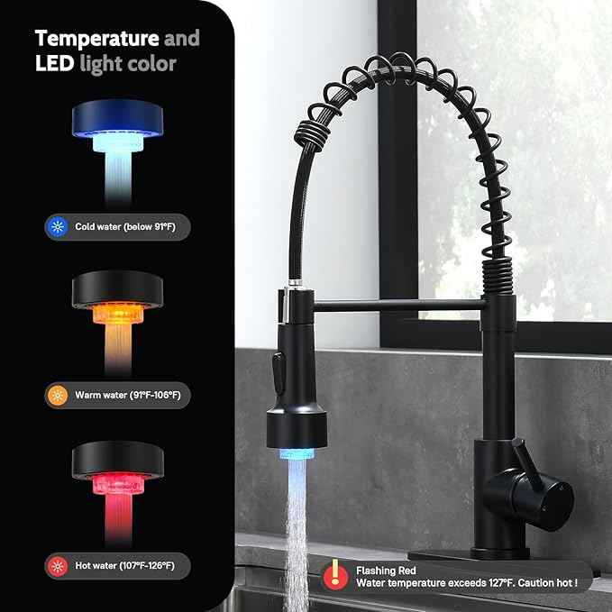 WEWE Kitchen Faucets with LED Light, Kitchen Faucet with Pull Down Sprayer Commercial Stainless Steel Single Handle Spring Farmhouse RV Sink Faucet, Matte Black