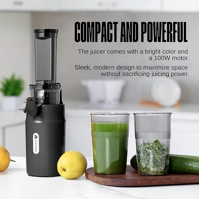 Ventray Ginnie Mini Cold Press Juicer, Small Slow Masticating Juicer for Vegetables and Fruits, High Juice Yield, Easy to Clean, Space-Saving, Fit for Personal/Travel/Picnic/Office (Black)