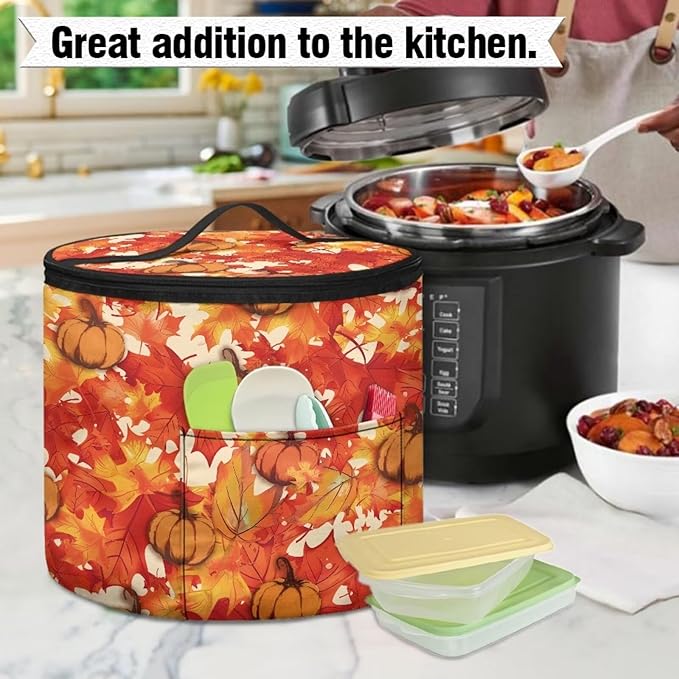 Fall Electric Pressure Cooker Insulation Bag Reinforced Zipper Closure Pressure Cooker Storage Top Padding Handle, Pumpkin Maple Leaf