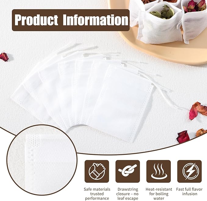 300 PCS Disposable Tea Bags for Loose Leaf Tea, Empty Tea Filter Bags with Drawstring, Fillable Tea Infuser Sachets Suitable for Coffee, Loose Tea, Spice, Herb and More (3.54 x 2.75 inches)