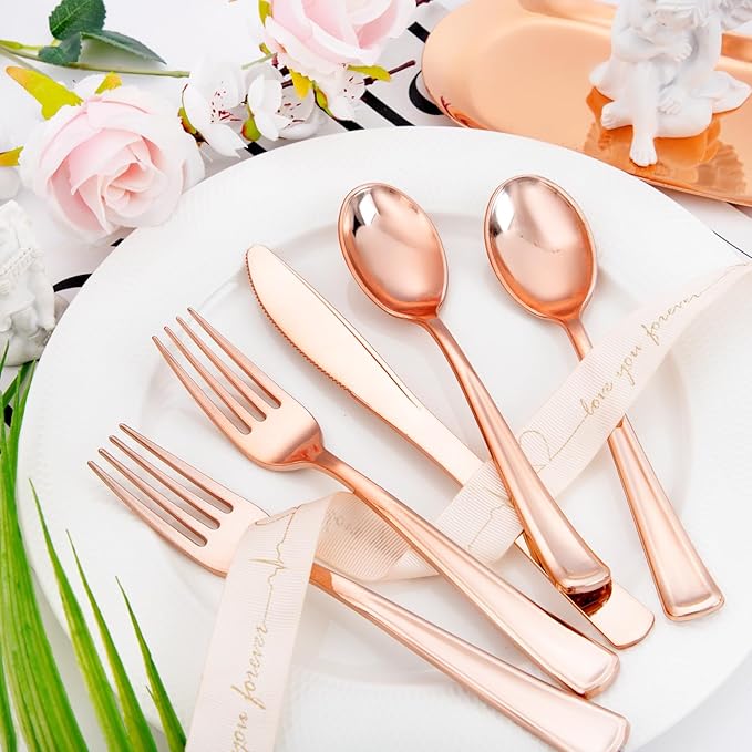 Liacere 100Pack Rose Gold Plastic Silverware - Pre Rolled Napkins with Rose Gold Cutlery - Wrapped Silverware Set Disposable100 Forks Knives Spoons Wrapped Utensils for Wedding&Christmas