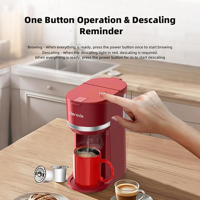 Horavie Mini Single Serve Coffee Maker for K Cup and Ground Coffee, Fast Brew One Cup Coffee Machine with Descaling Reminder and Water Window, 6 to 12 oz. Brew Sizes, Red
