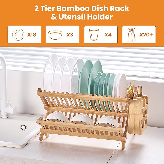 Bamboo Dish Drying Rack, 2 Tier Collapsible Dish Rack with Utensil Holder, Wooden Dish Drying Rack for Kitchen Counter, Large Folding Drying Holder, Dish Drainer 34 pcs Grid