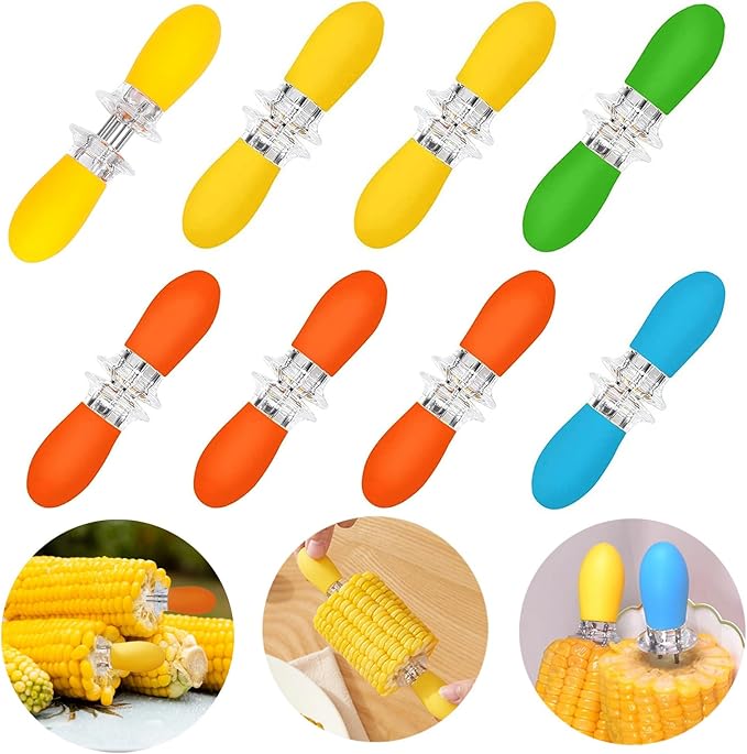 16 Pcs/8 Pairs Corn Holders, PEOUWNES Stainless Steel Corn Cob Holders Corn on The Cob Skewers, Interlocking Double BBQ Fork Skewers for Home Cooking Parties Camping (4 Colors)