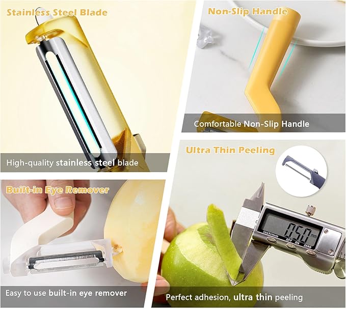 90° Rotatable Fruit and Vegetable Peeler, Sharp Stainless Steel Swivel Blades Potato Peelers for Kitchen, Built-in Eye Remover Veggie Fruit Potato Carrot Apple Peeler with Blade Cover